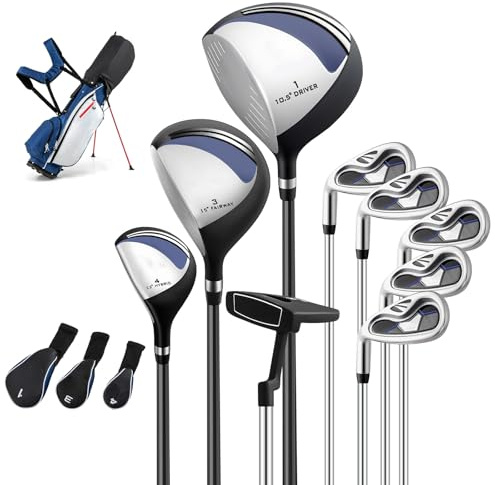 LIFEZEAL Set de Golf Portable, Ensemble Complet Club de Golf Droitier pour Homme, Sac Trépied avec 7 Compartiments, Putter, 3 Bois: Driver #1, Fairway #3, Hybride #4, 5 Fers (Bleu| Gauche)