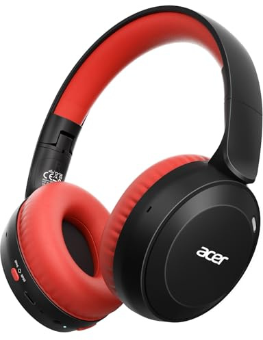 Acer Kids Headphones Wireless, Foldable, with 85/94dB Volume Limiter | Toddler Headphones with Built-in Mic, Stereo Sound, 60H Playtime, for iPad, Tablet, Travel (Black Red)