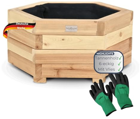 DELUKE Pflanzkasten Holz 6-eckig Micha - Inkl. Vlies und Handschuhe | Pflanzkübel Tannenholz Blumenkasten Blumenkübel Blumentopf Terrasse, 46cm Breit