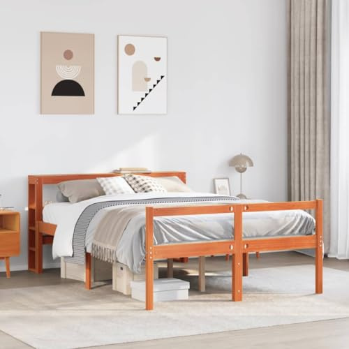 JHQHSM Massivholz Bettgestell mit Kopfteil und Fußteil in Wachsbraun 150x200 cm ohne Matratze - Robustes Kiefernholz Seniorenbett mit hohem Einstieg und praktischem Stauraum