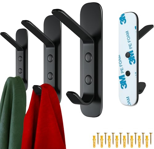4smile Lot de 4 crochets adhésifs extra solides - Noir - Avec option de clou, patères murales lourdes - 6 kg - Double crochet porte-manteau en acier inoxydable - Pour salle de bain et vestiaire