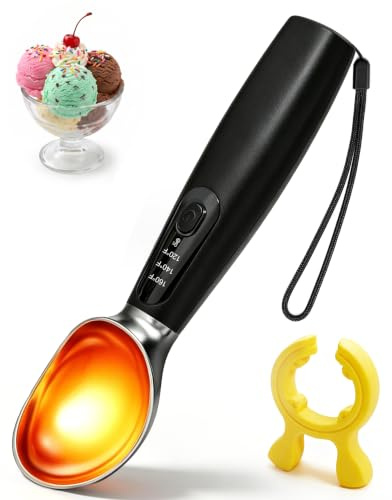 Beheizter Eisportionierer Edelstahl, Heated Ice Cream Scoop mit 3 Temperaturstufen (49–71°C) & Silikonhalter, Schnelles Aufheizen in 2-5 Min, Eis Perfecto Ohne Anwarten, für Hartes Speiseeis
