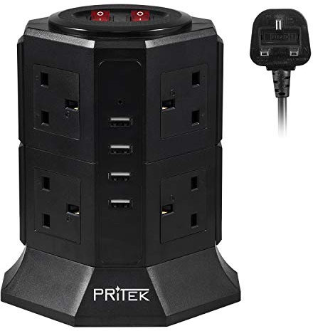 Extension Lead, PRITEK 8 Way Outlets Vertical Tower Power Strip with 4 Smart USB Charging Ports 10A/2500W 1000 Joules Surge Protector Extension Socket with 2m/6.5ft Extension Cord (Black)