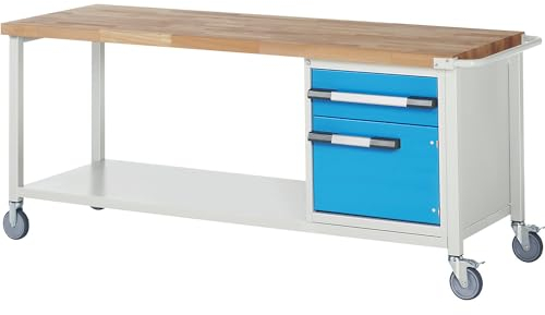 eurokraft | Fahrbare Werkbank Serie 8000 | Gestellbauweise | 1 Schublade | 1 Tür | Ablageboden | BxT 2000 x 700 mm