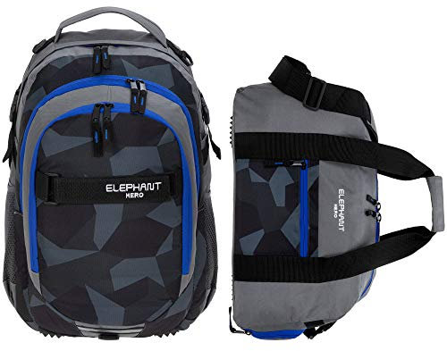 2 T Set Elephant Schulrucksack Hero Signature Rucksack Jungen Mädchen 12770 inkl. Sporttasche mit Schuhfach (Cyber Camo Blau)