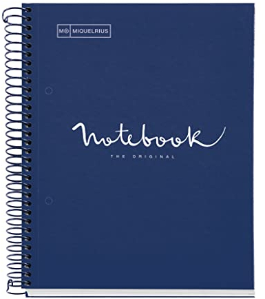 Miquelrius - Notizbuch A5 Notebook Emotions, 120 Blatt 90 g/m², Streifen Horizontale 7 mm, 5 Farbige Streifen, Mikroperforierte Spirale, Extra fester Einband, 2 Löcher, Farbe Marineblau