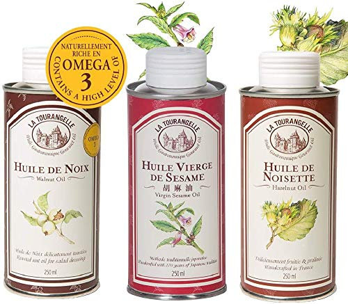 La Tourangelle - Lot de 3 Huiles Gourmandes : Huile de Noix, Huile de Noisette, Huile Vierge de Sésame. Idéales pour Vos Recettes de tous les Jours - 3 X 250ml