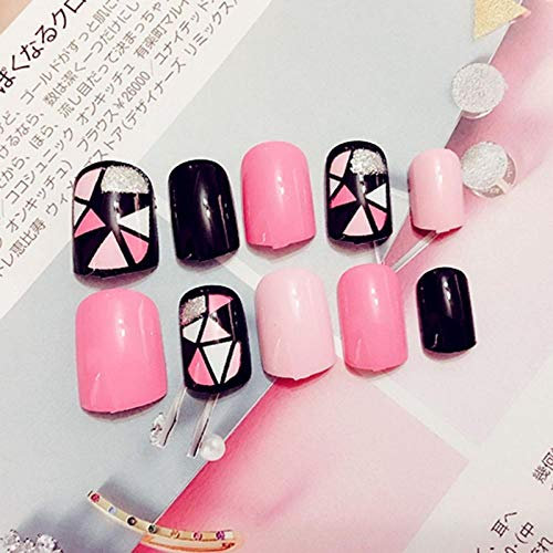 CSCH False Nails 24Pcs/Set Black + Hot Pink Acrylic Nail Tips Short False Nails Art Fingernails