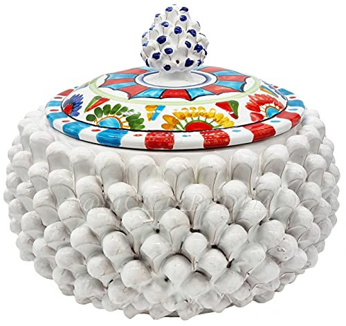 sicilia bedda - BISCOTTIERA PIGNA Ceramica di CALTAGIRONE - Bellissimo COMPLEMENTO D'ARREDO Realizzato A Mano - Altezza CM. 22 / Diametro CM. 18 (Bianco)