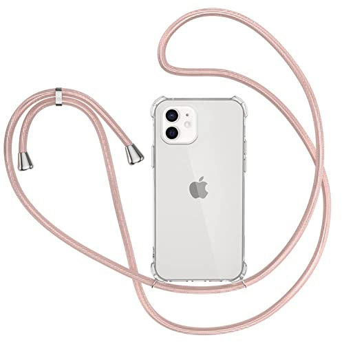 XTCASE Coque pour iPhone 12 / iPhone 12 Pro Collier, Etui avec Cordon - Tour de Cou Lanière en Corde - Transparente Silicone Housse avec Cordage Lanyard Case, Bandouliere Or Rose