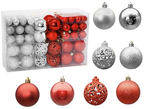 Nicole Knupfer 100 Stück Weihnachtskugeln 3cm 4cm 6cm, Kunststoff Christbaumkugeln Set Weihnachtsdeko Weihnachtsbaum Anhänger Christbaumschmuck Weihnachten Anhänger (Rot + Silber)
