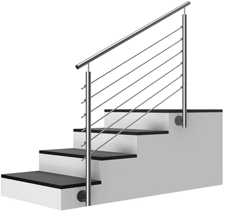 Edelstahl Treppengeländer/Außengeländer, 1,8m lang, 0,9m hoch, Seitenmontage, je 2 Pfosten + Handlauf mit Kugelring + 6 Querstäbe + Zubehör, Winkelverstellbar (L:1800mm H:900mm)