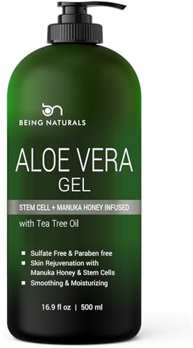 Aloe vera Gel - from 100% Pure Organic Aloe Infused with Manuka Honey, Stem Cell, Tea Tree Oil - Natural Raw Moisturizer for Face, Body, Hair. Perfect for Sunburn, Acne, Razor Bumps 16.9 fl oz