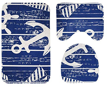 FGHJSF 3-teiliges Badteppich-Set Blauer Anker Toilettensitzabdeckung Teppich Set Wc Sitz Und Tankabdeckung Set Für Badezimmer Weihnachtsdeko Innen aussen