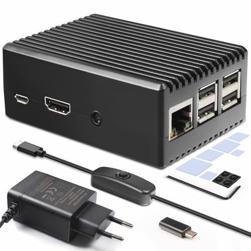 Miuzei Raspberry Pi 3 B+ Gehäuse mit Netzteil Raspberry Pi 3B Gehäuse Aluminium Passiv Kühlung Case mit 5.1V 3A Micro Adapter mit USB C Netzteil mit EIN/AUS-Schalter für Raspberry Pi Modell 3b+ 3b