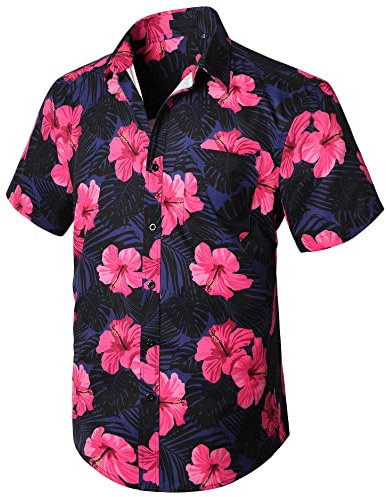 Enlision Hawaiian Shirts for Men Floral Funky Casual Short Sleeve Flower Print Aloha Beach Shirt for Summer,Navy and Pink,XXL