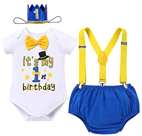 IBTOM CASTLE 1st Birthday Outfit For Boy Gentleman Bow Tie Romper + Diaper Cover + Birthday Hat Clothes Baby Boy First Birthday Smash Cake Photoshoot Outfit Blue-It's my 1st birthday 1Year