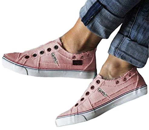 Onsoyours Chaussures pour Femme Lace Up Trainers Chaussures de Sport D'été en Toile Baskets Chaussures de Loisirs Simples Chaussures de Marche Chaussures Plates en Tissu B Rose 42 EU