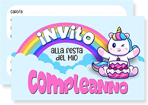 GHIBLI Biglietti Invito compleanno unicorno per bambini in italiano. Set 20 Inviti Cartoline per festa di compleanno bambina bambino con recapiti per conferma partecipazione alla festa