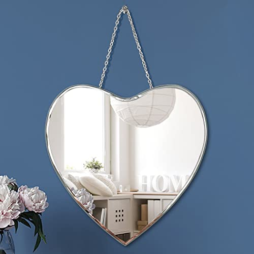 QMDECOR Herzförmiger Spiegel mit Eisenkette für Wanddekoration, 30,5 x 30,5 cm, Wandaufhängung, Echtglas, rahmenloser dekorativer Spiegel, Glam-Spiegel