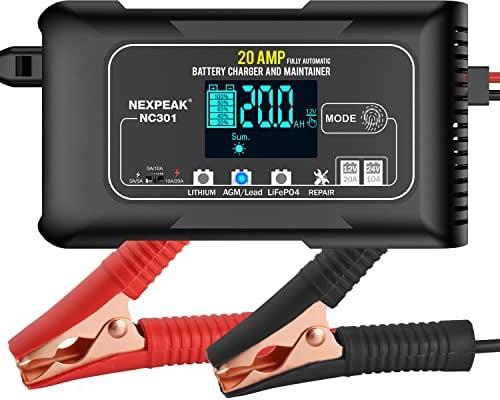 20-Amp Car Battery Charger, 12V and 24V Smart Fully Automatic Battery Charger Maintainer Trickle Charger w/Temperature Compensation for Car Truck Lawn Mower Boat Lead Acid Lithium LiFePO4 Batteries