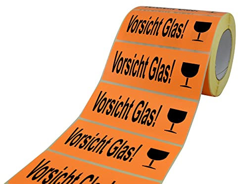 Etiketten Aufkleber Vorsicht Glas! leuchtorange neon orange 1000 Stück 140x60mm auf Rolle 497105 - Menge wählbar (3)