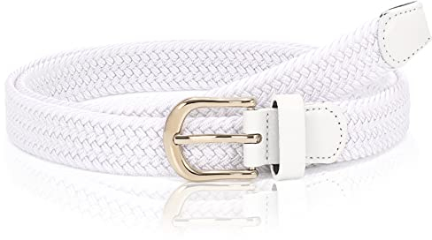 WHIPPY Stoffgürtel Stretchgürtel Elastik Flechtgürtel Geflochtener Elastischer Dehnbarer Gürtel für Damen Herren mit Goldschnalle Breite 2.5cm,weiß,120cm