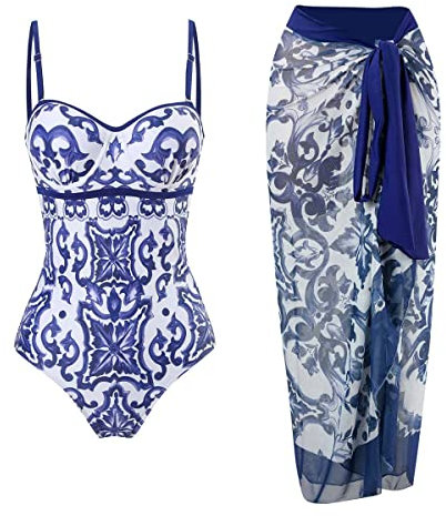 ORANDESIGNE Costumi Interi da Bagno Donna Scollo a V Costumi da Bagno con Coppe Imbottiti Push Up Costume Contenitivo Pancia Curvy Beachwear Monokini Bikini Set Stampati Swimwear H Blu L