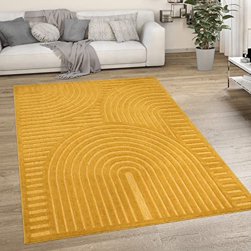 Paco Home Outdoor Teppich Wetterfest Balkon Boho Wohnzimmer Küche Skandinavisch Muster Einfarbig 3D Effekt Modern, Grösse:120x160 cm, Farbe:Gelb 4