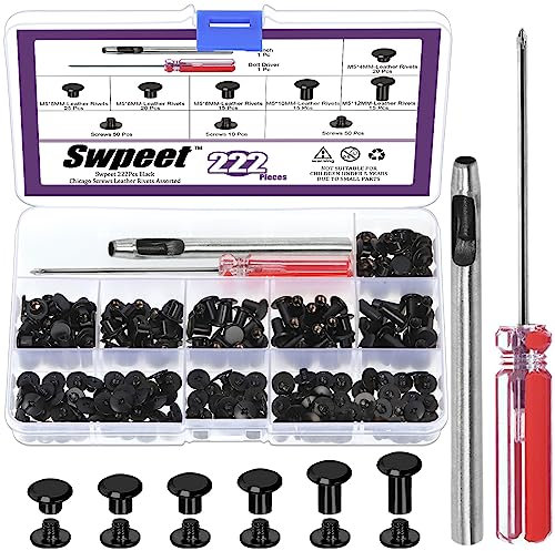 Swpeet Lot de 110 rivets Chicago en cuir noir de 6 tailles M5 x 4 mm/5 mm/6 mm/8 mm/10 mm/12 mm avec kit d'outils d'installation, rivets à vis M5 Chicago pour réparation du cuir