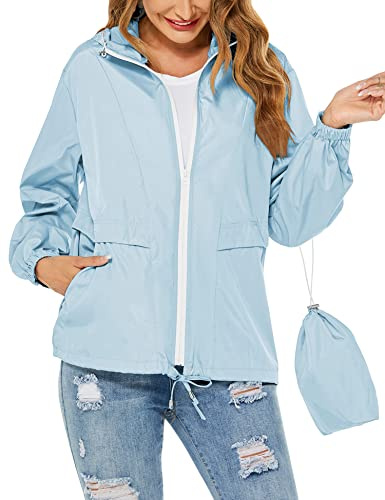 Tisfeer Womens Rain Jacket Lightweight Windproof Raincoats Waterproof Packable Hooded Outdoor Trench Coat(Light Blue,XL)