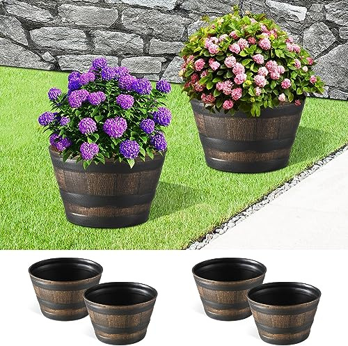 YI 4 Stück Whiskey-Fass Garten-Pflanzgefäße 33 cm, rustikaler Eichenharz, Übertopf für Innen- und Außenbereich, Pflanztopf