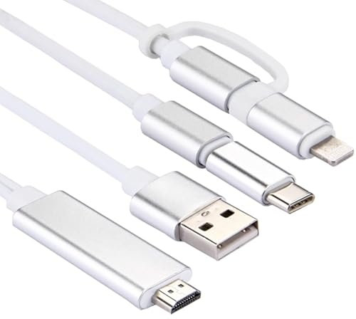 High-Tech Place Cavo adattatore 3 in 1 Micro USB & 8 Pin & Tipo-C a HDMI HD 1080P HDTV (Argento)