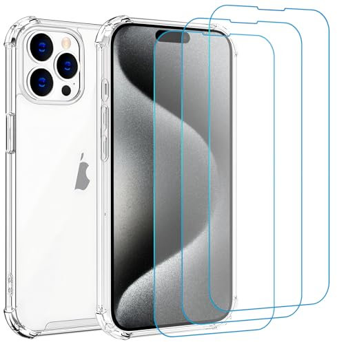 Whioltl Hülle für iPhone 15 Pro mit 3 Stück Schutzfolie, 4 in 1 Durchsichtige Kratzfest Stoßfest Handyhülle, Rundumschutz Nicht Vergilbend Schutzhülle, Ultra Transparent Weiches Cover