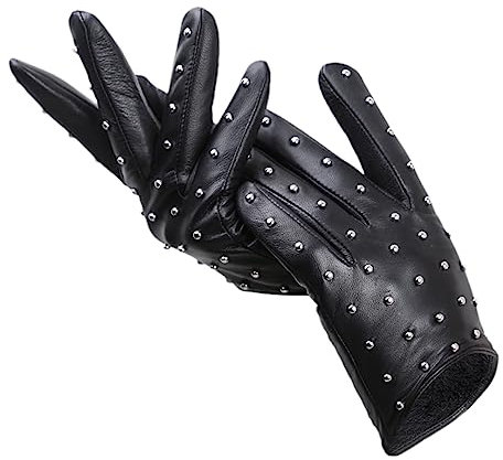 Damen-Handschuhe, Nieten, Echtes Leder, Schaffell-Handschuhe, Dünn, Warm, Winter, Fahren, Motorrad-Fäustlinge Black M