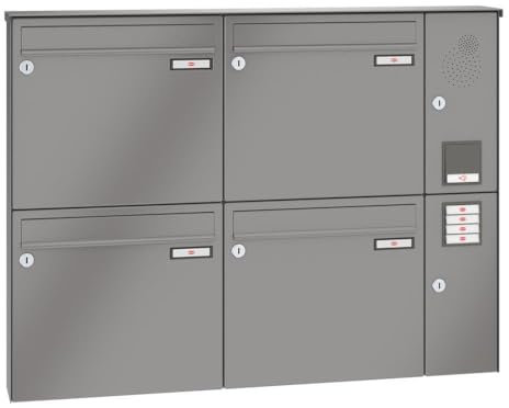 RENZ/Basic B / 4er Aufputz-Briefkastenanlage Wand-Briefkasten mit Sprechfeld/RAL-Farbe 9007 Volumen 12 L/Dein-Briefkasten.de