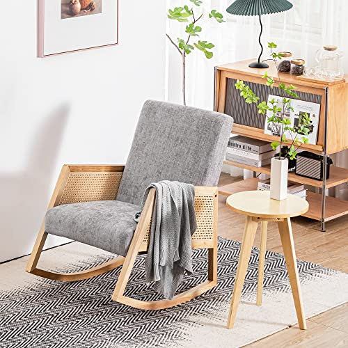 Dolamaní Massivholz-Schaukelstuhl 1er Set 57*90*80 cm, Sessel mit Schlaffunktion, Ohrensessel mit PE-Kunststoff-Rattan und Eingelegtem Federkissen, Schaukelstuhl für das Wohnzimmer, Grau