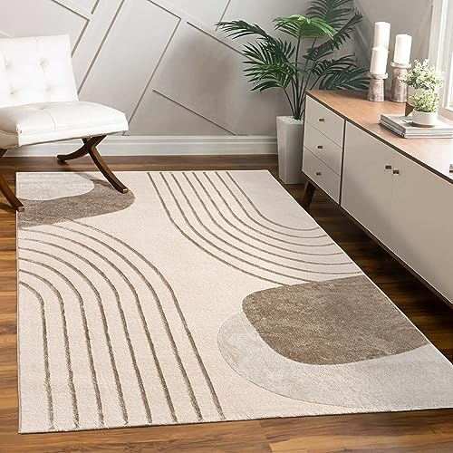 Paco Home Teppich Wohnzimmer Schlafzimmer Moderner Kurzflor glänzendes Palmen-Muster Florales Design Geometrisch Hoch-Tief-Effekt 3D, Grösse:80x300 cm, Farbe:Beige 3