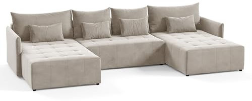 Wohnlandschaft Leno U mit Schlaffunktion - U-Form Couch, Ecksofa mit Bettkasten, Couchgranitur mit Bettfunktion, Schlafsofa, Big Sofa - Velours Stoff (Beige (Paros 02))