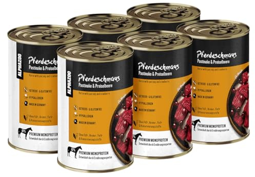 alphazoo Hundefutter nass Pferd 6 x 400 g I Premium Nassfutter für Hunde I Getreidefrei & mit hohem Fleischanteil I Pferdeschmaus Adult ohne Getreide und Zucker I Ausgewachsene Hunde & Welpen