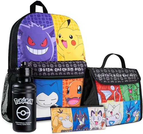 Pokémon Mochila Set, 4 Piezas - Mochila Escolar, Botella de Agua, Billetera, Estuche (Negro/Amarillo)
