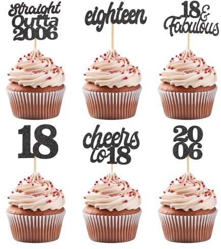 ALEGRE 24 Stück Glitzer Cupcake Topper 18. Geburtstag,Straight Outta 2006 Tortendeko 18 Geburtstag Junge Mädchen,Schwarz Muffin Deko Geburtstag 18,Kuchendeko für Hochzeit Jahrestag