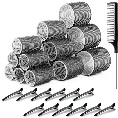 Huoberr 31 Pièces Bigoudis Cheveux,18 Noir Rouleaux Cheveux,3 tailles (2.51in, 1.88in, 1.41in) Bigoudis Cheveux Long, 12 Pinces à Cheveux et 1 Peigne Pour Cheveux Longs, Moyens et Courts
