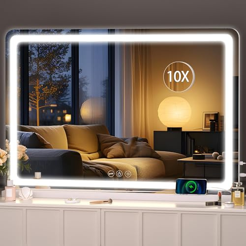 Hasipu Schminkspiegel mit Beleuchtung, 95 x 65 cm LED Schminkspiegel, Beleuchteter Kosmetikspiegel mit Dimmbaren 3 Modi, Touchscreen Steuerung Kosmetikspiegel Rund Weiß