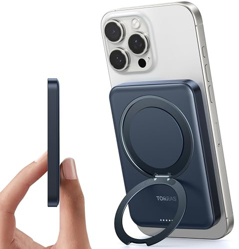 TORRAS Dünn Power Bank für Magsafe Powerbank Klein 5000mAh mit 360° Ostand Ring für iPhone 16/15/14/13/12 Serie Magnetische Wireless Slim Externe Handyakkus USB C Schnelles Laden Schwarz