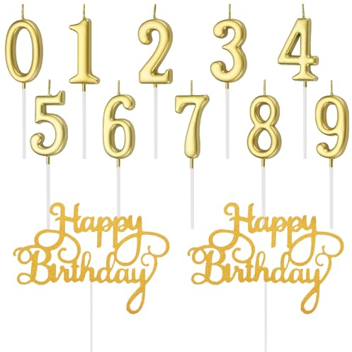 Lotbun 12 pièces bougies d'anniversaire, bougie chiffre, bougies numérotées de 0 à 9 et 2 pièces de décoration de gâteau avec lettres joyeux anniversaire, bougies anniversaire adulte (or)