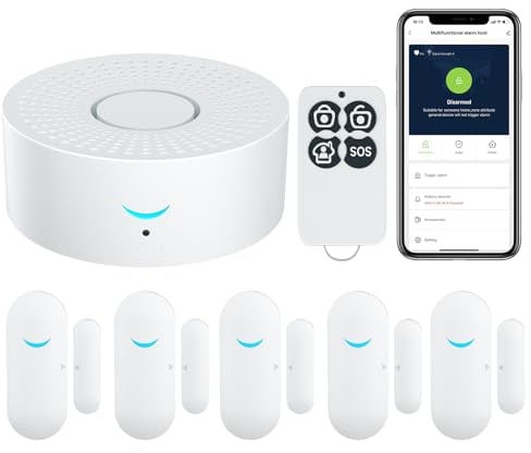 OOCOME Türgong, WiFi Wireless Tür Fenster offen Kontakt Sensor Alarm, Home Security Alarm System, APP-Fernbedienung mit 1 Empfänger, 5 Sensoren, 2 Fernbedienungen für Geschäfte/Firmen/Häuser/Büro