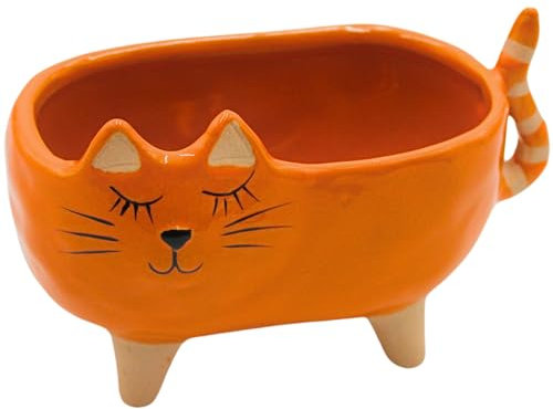 Dekohelden24 Übertopf - Pflanztopf - Pflanzgefäß aus Keramik, Motiv: Katze in rosa, Maße L/B/H: ca. 16 x 8,5 x 10 cm
