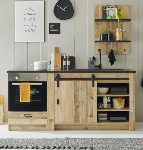 Furn.Design Küchenzeile in Used Wood hell und grau/anthrazit Küchenschrank Set 4-teilig Singleküche Landhaus-Stil 200 cm Stove (Set 4)