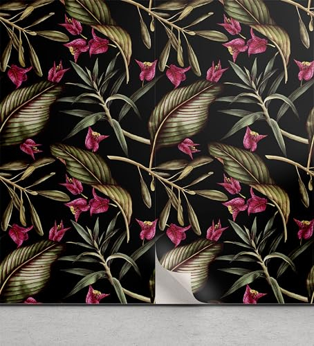 ABAKUHAUS Tropisch abziehbare & klebbare Tapete für Zuhause, Exotische Blätter Rosa Blumen, selbstklebendes Wohnzimmer Küchenakzent, 33 cm x 90 cm, Himbeere Olivengrün